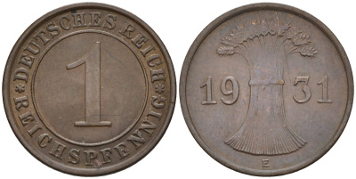 Германия 1 рейхспфенниг 1931 E KM 37, J.313, Weege 2 медь 4585-624