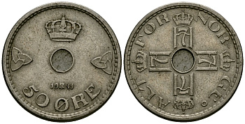 Норвегия 50 эре 1941 Хокон VII (1905-1957) KM 386 медно-никель 4584-141