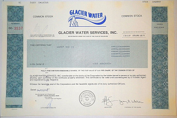 США, Glacier Water Services, Inc 100 акций 1992 бумага 8805-72-1