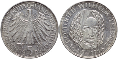 ФРГ 5 марок 1966 D, 250 лет со дня смерти Готфрида Вильгельма Лейбница J. 394, KM 119.1 серебро 4389-1126