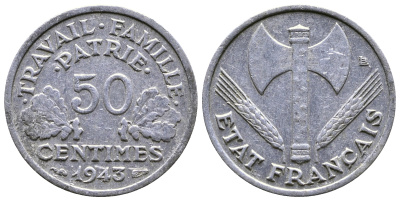 ФРАНЦИЯ 50 САНТИМОВ 1943 ПРАВИТЕЛЬСТВО ВИШИ KM 914.1 алюминий 26-642