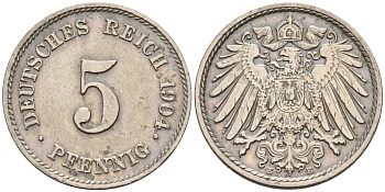 Германия 5 пфеннигов 1904 D KM 11, J. 12 медно-никель 4151-444