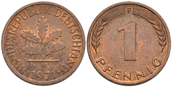 ФРГ 1 ПФЕННИГ 1971 F KM 105, J.380 сталь плакированная медью 4567-862