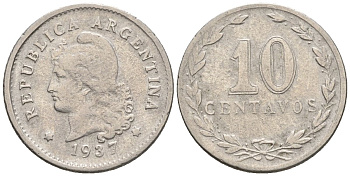 Аргентина 10 сентаво 1937 голова свободы влево KM 35, CJ 124, Schon 38 медно-никель    4609-1142