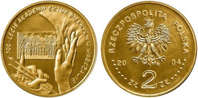 Польша 2 злотых 2004 MW, 100 лет Академии изящных искусств KM 509 нордик UNC 4676-153