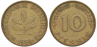 ФРГ 10 пфеннигов 1950 C KM 108, J. 383 сталь плакированная латунью 4132-521