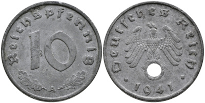 ГЕРМАНИЯ 10 РЕЙХСПФЕННИГОВ 1941 А KM 101, J.371 цинк 95-744