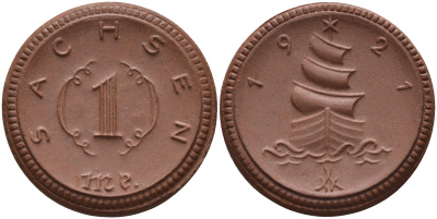 Саксония 1 марка 1921 парусник J. N 55 фарфор 1094-3-63