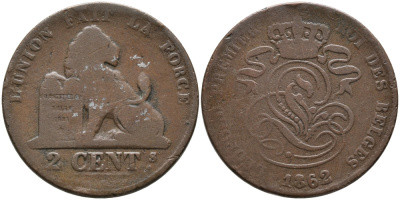 БЕЛЬГИЯ 2 САНТИМА 1862 BELGES KM 4.2 медь 95-656