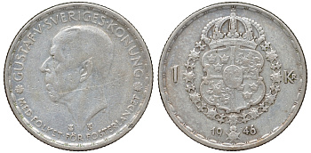 Швеция 1 крона 1946 TS, Густав V (1907-1950) KM 814 серебро 4178-715