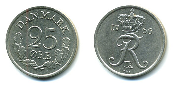 ДАНИЯ 25 ЭРЕ 1966 С; S, ФРЕДЕРИК IX (1947-1972) KM 850 медно-никель 71-1558