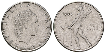 Италия 50 лир 1994 R, бог огня Вулкан у наковальни KM 95.2 нержавеющая сталь 4668-1161