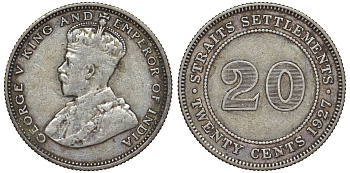 Стрейтс-Сетлментс 20 центов 1927 Георг V (1910-1936) КМ 30b серебро 53-825