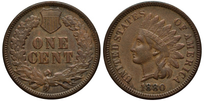 США 1 ЦЕНТ 1880 ИНДЕЕЦ, INDIAN HEAD, XF45 KM 90a бронза 272-1342