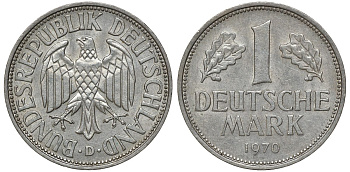 ФРГ 1 МАРКА 1970 D, KM 110, J. 385 медно-никель aUNC 72-814