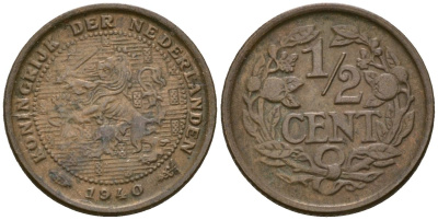 Нидерланды 1/2 цента 1940 Вильгельмина (1890-1948) KM 138 бронза 4169-461