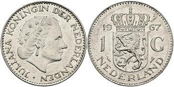 Нидерланды 1 гульден 1967 Юлиана (1948-1980) KM 184а никель 94-611