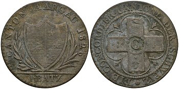 Швейцарские кантоны 1 батцен 1826 Аргау KM 21 биллон 272-1222