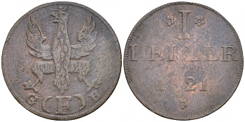 Франкфурт 1 геллер 1820 GB AKS 30, Jaeger 10, KM 301 медь 73-629