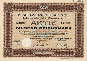 Германия 1000 рейхсмарок 1929 АО Электростанция Тюрингии, акция бумага 8801-104-1