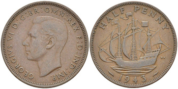 Великобритания 1/2 пенни 1943 Георг VI (1936-1952) KM 844, Spink 4115 бронза 24-915