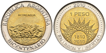 Аргентина 1 песо 2010 200 лет Аргентине - вулкан Аконкагуа KM 157, CJ 6.20, Schon 167 биметалл    60-636