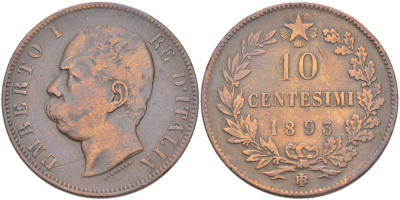 ИТАЛИЯ 10 ЧЕНТЕЗИМО 1893 BЛ, МОНДВОР БИРМИНГЕМ, УМБЕРТО I (1878-1900) KM 27.1 медь 4526-942