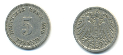 Германия 5 пфеннигов 1908 A KM 11, Jager 12, Weege 6 медно-никель 4379-547