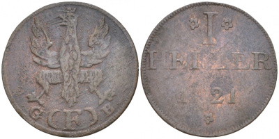 Франкфурт 1 геллер 1820 GB AKS 30, Jaeger 10, KM 301 медь 73-629