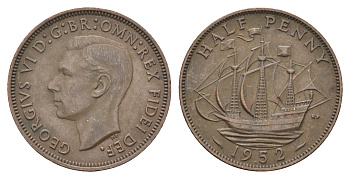 Великобритания 1/2 пенни 1952 Георг VI (1936-1952) KM 868, Spink 4118 бронза 4660-632