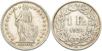 ШВЕЙЦАРИЯ 1 ФРАНК 1920 В KM 24 серебро 4544-356