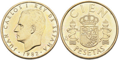 ИСПАНИЯ 100 ПЕСЕТ 1982 ХУАН КАРЛОС I (1975-) KM 826 алюминиевая бронза 4589-137