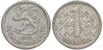 Финляндия 1 марка 1964 S KM 49 серебро 259-411