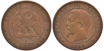 ФРАНЦИЯ 10 САНТИМОВ 1854 А, НАПОЛЕОН III (1852-1870) KM 771.1 бронза 1529-323