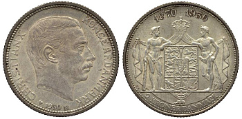 Дания 2 кроны 1930 N; AH, 60 лет королю Кристиану X (1870-1930) KM 829 серебро 69-424