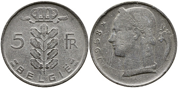 Бельгия 1 франк 1958 Belgie, Бодуэн I (1951-1993) KM 143.1 медно-никель 4388-1224