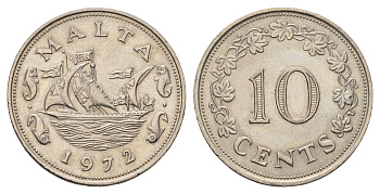 Мальта 10 центов 1972 баржа Великого магистра KM 11 медно-никель 25-2423