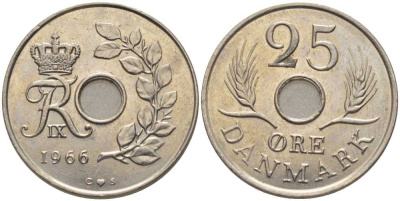 ДАНИЯ 25 ЭРЕ 1966 С;S, ФРЕДЕРИК IX (1947-1972) KM 855.1 медно-никель 202-732