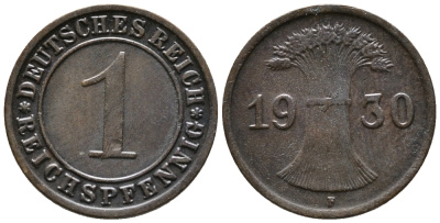 ГЕРМАНИЯ 1 РЕЙХСПФЕННИГ 1930 F KM 37, J. 313 бронза 39-1045