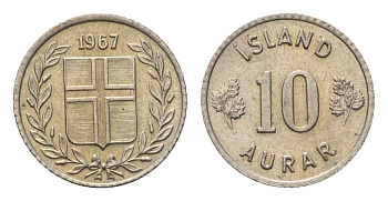 Исландия 10 эйре 1967 KM 10 медно-никель UNC 4696-269