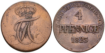 Ангальт-Бернбург 4 пфеннига 1823 Алексиус Фридрих Кристиан (1796-1834) KM 78.1, Jaeger 53, AKS 7 медь 219-227