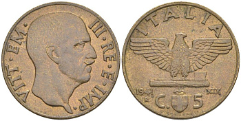 ИТАЛИЯ 5 ЧЕНТЕЗИМО 1941 R, ГОД XIX, ВИКТОР ЭММАНУИЛ III (1900-1946) KM 73a, VEM3. 0955 алюминиевая бронза 3853-243