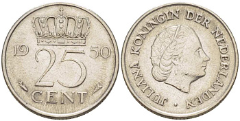 НИДЕРЛАНДЫ 25 ЦЕНТОВ 1950 КОРОЛЕВА ЮЛИАНА KM 183 никель 3955-146