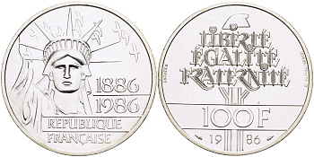 Франция 100 франков 1986 100 лет статуе Свободы на острове Эллис, ПИФОРТ KM 960 серебро UNC 1082-1-53