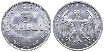 Германия 3 марки 1922 А, третья годовщина Веймарской Конституции KM 29, J. 303 алюминий 4380-742