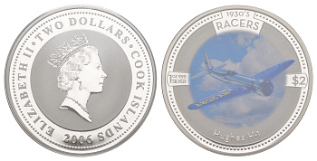 Острова Кука 2 доллара 2006 Воздушные гонки 1930-х - Hughes H-1 Racer KM 1290 серебро PROOF 11-154-22