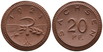 Саксония 20 пфеннигов 1921 колосья и серп J. N 53 фарфор UNC 1094-8-75