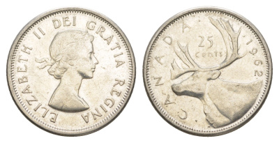 Канада 25 центов 1962 Елизавета II (1952-2022), олень KM 52 серебро aUNC 4631-915