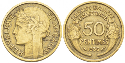 ФРАНЦИЯ 50 САНТИМОВ 1936 KM 894.1 алюминиевая бронза 3309-1033
