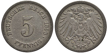 ГЕРМАНИЯ 5 ПФЕННИГОВ 1898 E KM 11, Jager 12, Weege 6 медно-никель 4547-358